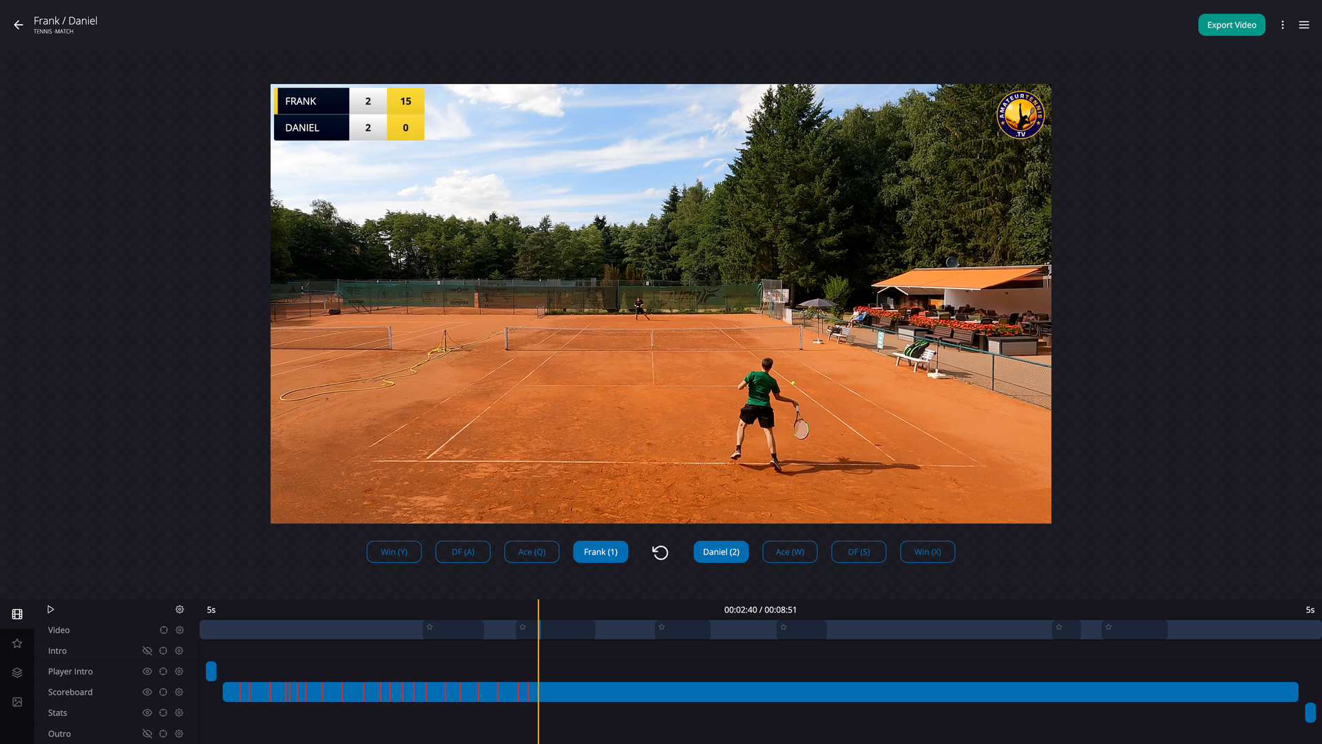 MatchCut Pro desktop app showing sports match video editing with scoreboards and highlights